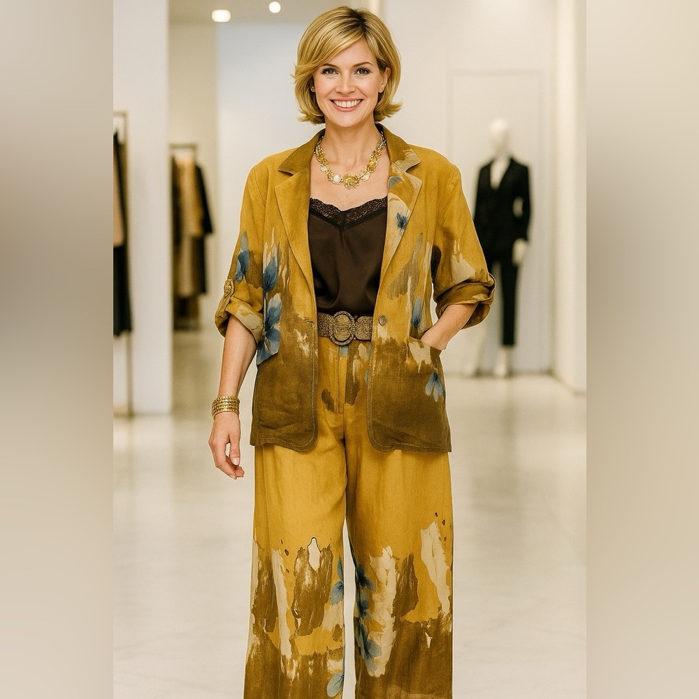 Linen Stylish Mustard and Blue Women's jacket and pants